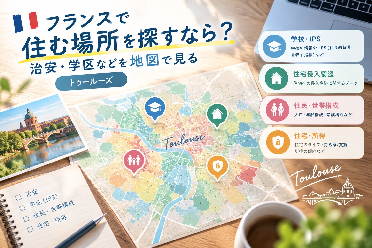 トゥールーズの地図で住む場所を比較するイメージ